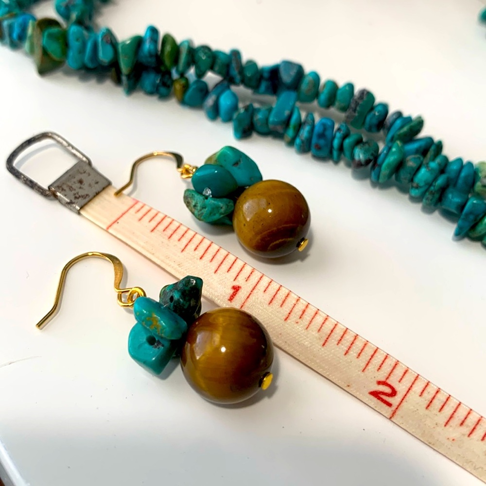 Earrings tiger’s eye and turquoises stones. Golden. 3.5cm - Picture 3 of 3